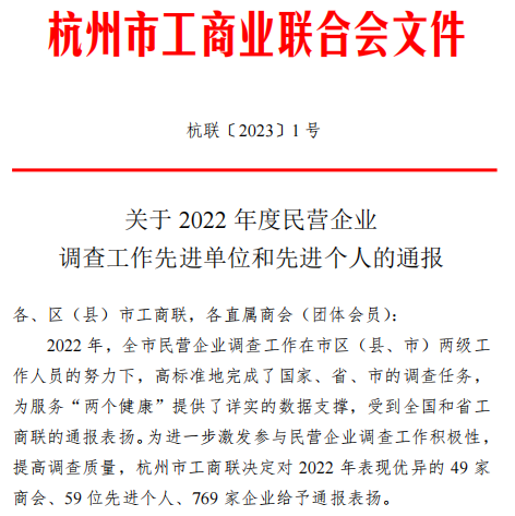 喜报！|说球帝首页（中国）官方网站集团荣获杭州市工商联“2022年调查工作优秀企业”称号